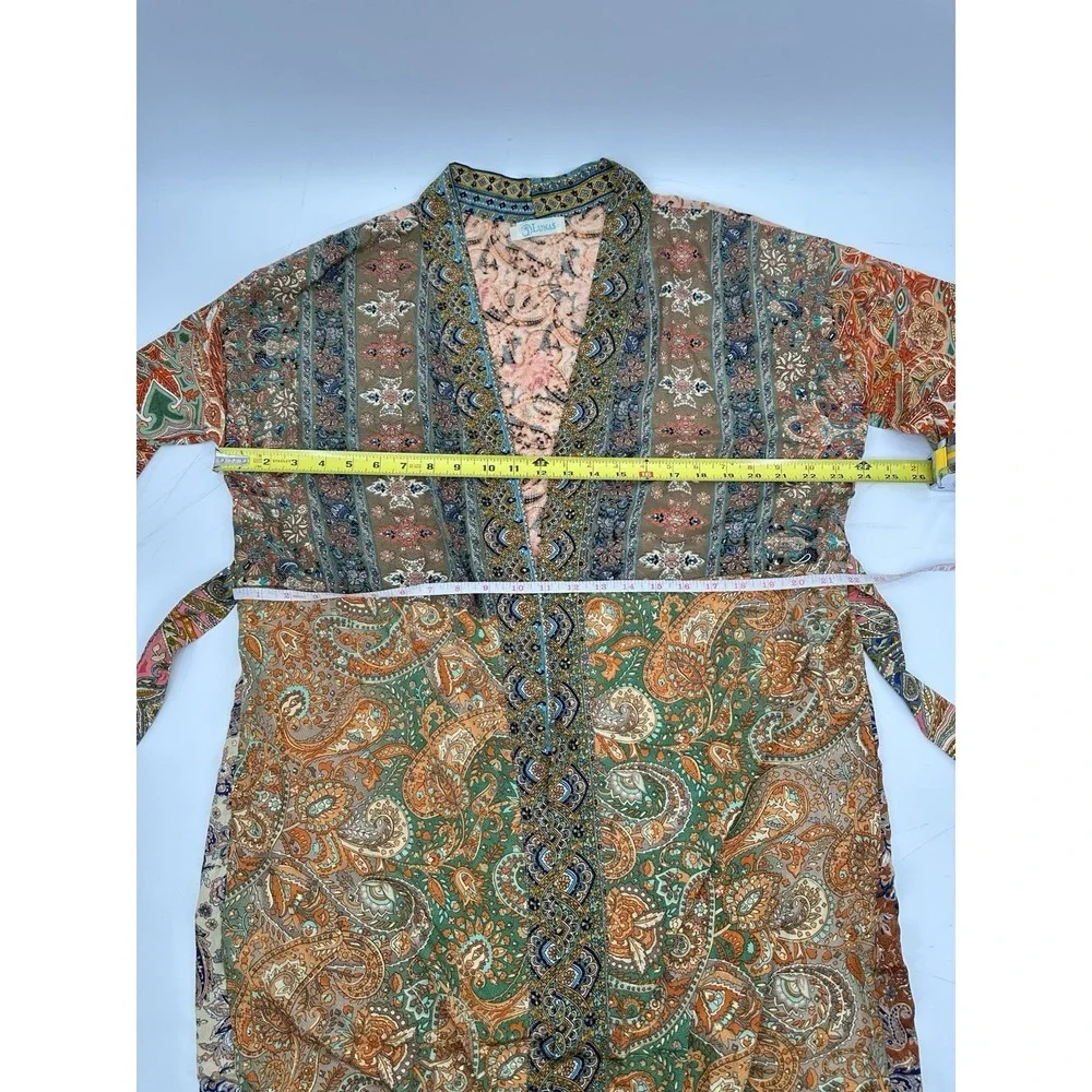 Lunas Vintage Silk Blend Kimono Robe Duster OS Boho Paisley Belted Fairy Earthy